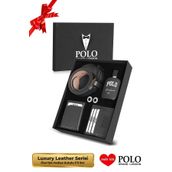 POLOGRAND London Orijinal Erkek Özel Hediye Kutulu 5'li Set Şık Deri Cüzdan Kemer Kartlık Kol Düğmesi Parfüm Seti