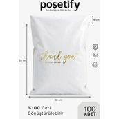 Poşetify Premium Renkli Kargo Poşeti 30X38X6 cm | 100 Adet | Thank You Baskılı | Beyaz | Iç Göstermez
