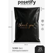 Poşetify Premium Renkli Kargo Poşeti 30X38X6 cm | 25 Adet | Thank You Baskılı | Siyah | Iç Göstermez