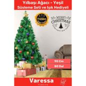 Premium Yılbaşı Özel Seri Beyaz Çam Ağacı Süsleme Seti Süsleme ve Işık Hediyeli 90 Cm 80 Dal