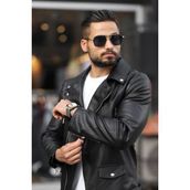 Prifaldi Erkek Biker Kemerli Deri Ceket Siyah Slim Fit Kalite Dış Giyim - 2XL