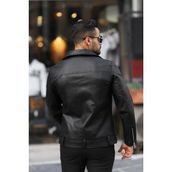 Prifaldi Siyah Biker Kemerli Deri Ceket Erkekler İçin Slim Fit Kış Aylarına Uygun