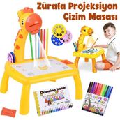 Projeksiyonlu Zürafa Mini Çizim Masası ve 12 Renk Boya Kalemi Seti, Çizim Defteri ile Aktivite Masası - Turuncu