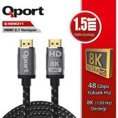Qport Q-HDMI211 1.5 mt 2.1V 8K Altın Uçlu Örgülü HDMI Kablo
