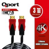 Qport Q-Hdmı33 3M 2.0V 4K Altın Uçlu Örgülü Kablo