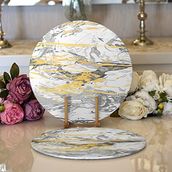 RealHomes Gri Zemin Üzerinde Gold Detaylı Soft Çizim Desenli Modern 2'li Yuvarlak Servis Altlığı Supla
