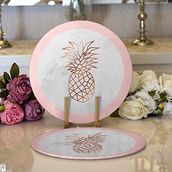 RealHomes Mermer Zeminli Renkli Ananas Desenli Dijital Baskılı Modern 2'li Yuvarlak Servis Altlığı Supla