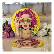 RealHomes Sarı Zeminli Pop Art Girl Desenli Modern 2 1 Yuvarlak Servis Altlığı Supla