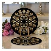 RealHomes Siyah Zeminde Gold Mandala Motifli Modern 2 1 Yuvarlak Servis Altlığı Supla
