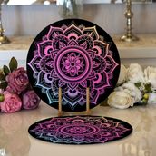 RealHomes Siyah Zeminde Pembe Mavi Mandala Desenli Özel Tasarım Modern 2'li Yuvarlak Servis Altlığı Supla