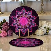 RealHomes Siyah Zeminde Pembe Neon Mandala Desenli Modern 2 1 Yuvarlak Servis Altlığı Supla