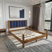 Renazzo Mobilya Orion Model 120x200 cm Lacivert Renk Puflu Başlıklı Ceviz Renk Çam Ahşap Karyola