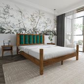 Renazzo Mobilya Orion Model 150x200 cm Zümrüt Yeşili Puflu Başlıklı Ceviz Renk Çam Ahşap Karyola