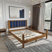Renazzo Mobilya Orion Model 90x190 cm Lacivert Puflu Başlıklı Ceviz Renk Çam Ahşap Karyola
