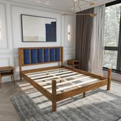 Renazzo Mobilya Orion Model 90x200 cm Lacivert Puflu Başlıklı Ceviz Renk Çam Ahşap Karyola