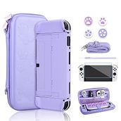 RHOTALL Sakura Kabartma Sevimli Taşıma Çantası Seti, Nintendo Switch OLED için Sert Kılıflı Anahtar için Aksesuar Paketi, Ekran Koruyucu, 4 Parmak Başlığı, Bilek Bandı ve Omuz Askısı (Mor)