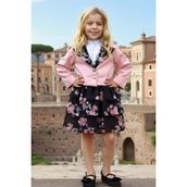 Riccotarz Kız Çocuk Kısa Kollu Yakası Fırfır Gömlek Pembe Blazer Ceket Çiçek Desen Atlas Kumaş Etekli Takım - 3 - 4 Yaş