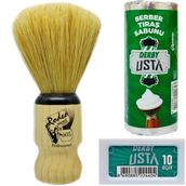 Rodeo 605 Ahşap Saplı Doğal Kıl Tıraş Fırçası, Derby Usta Tıraş Sabunu, 10'lu Jilet Klasik Tıraş Seti