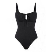seamoly Criss Cross Backless Dalma Boyun Tek Parça Mayo Etrafında Mavi Pötikareli Kravat, Siyah-04, M