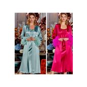 secret night Gecelik Takımı Saten Pijama Gecelik Ve Sabahlık Takımı Kollar Tüylü Kadın Giyim pudra XL
