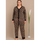 Siyah Renkli ve Leopar Desenli 11425 Kadın Uzun Kol Önden Düğmeli Büyük Beden Anne Pijama Takımı - 4XL