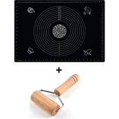 Siyah Silikon Hamur Matı 65*45CM ve Bambu Mini Rulo Hamur Açma Merdane - 2li Set