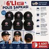 Skycott 6'lı Unisex Çocuk Polis Şapkası Seti Nakışlı Siyah Şapka Ayarlanabilir