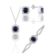 Söğütlü Silver Gümüş Rodyumlu Safir Taşlı Kare Kolye Küpe ve Bileklik