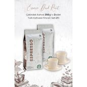 Starbucks Espresso Dark Roast Çekirdek Kahve 250 gr x 2 Adet ve Türk Kahvesi Fincan Seti 2'li - 250 ml
