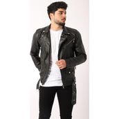 Stil Kombin Kuzey Beli Kemerli Slim Fit Erkek Suni Deri Ceket Polyester Siyah - 2XL