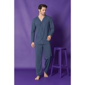 Sude HOMEWEAR Erkek Petrol Mavisi Uzun Kollu Önden Düğmeli Süprem Kumaş Pijama Takımı Petrol Mavisi L