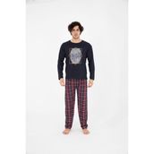 sudem Erkek Ekose Yazlık Uzun Kollu Pamuklu Pijama Takımı - 09L-Lacivert - 2XL