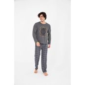 sudem Erkek Ekose Yazlık Uzun Kollu Pamuklu Pijama Takımı - Antrasit - Füme