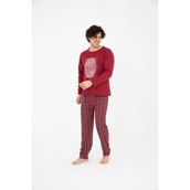 sudem Erkek Ekose Yazlık Uzun Kollu Pamuklu Pijama Takımı - Bordo