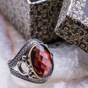 Takıhan 925 Ayar Gümüş Kırmızı Zirkon Taşlı Ay Yıldız Detaylı Yüzük