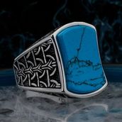 Takıhan Mavi Turkuaz Taşlı Desenli 925 Ayar Gümüş Erkek Yüzük