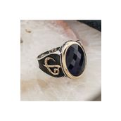 Takıhan TH2336 Mavi Zirkon Taşlı Elif Vav Detaylı Gümüş Erkek 925 Ayar Yüzük