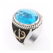 Takıhan TH2404 Açık Mavi Zirkon Taşlı Elif Vav Detaylı Gümüş Erkek 925 Ayar Yüzük