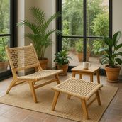 Teak Ağacı Rattan Örgü Koltuk ve Puf Takımı – Doğal El Işçiliği, Dayanıklı Tasarım - Krem