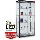 Teda Camlı Vitrin - Cam Dolap - Camlı Koleksiyon Vitrini - Teşhir Vitrini - Kupa Dolabı 175X70X30 - Siyah - Beyaz