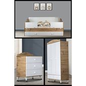 Temosan Divan Montessori Lazerli Beyaz Bebek Odası Takımı Ahşap Detaylı Kapaklı Dolap ve Şifonyer Full Set 90 X190 80 x 180