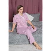Temporium Kadın Büyük Beden Desenli Yakası Dantelli Düğmeli Kısa Kollu Bambu Pijama Takımı - 3XL - Pembe