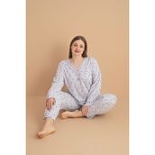 Temporium Kadın Büyük Beden Desenli Yakası Düğmeli Uzun Kollu Bambu Pijama Takımı - Açık Pudra - 5XL