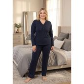 Temporium Kadın Büyük Beden Desenli Yakası Düğmeli Uzun Kollu Bambu Pijama Takımı - Mavi - 4XL