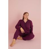 Temporium Kadın Büyük Beden Desenli Yakası Düğmeli Uzun Kollu Bambu Pijama Takımı