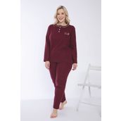 Temporium Kadın Kışlık Bordo Büyük Beden Yakası Düğmeli Uzun Kollu İnterlok Pijama Takımı
