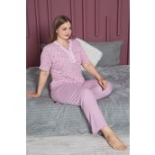 Temporium Kadın Pudra Büyük Beden Desenli Yakası Düğmeli Kısa Kollu Bambu Pijama Takımı
