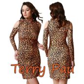 Terry Pau TP101193 Omuz Açık Leopar Desenli Elbise