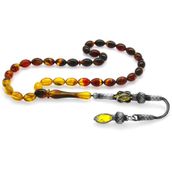 Tesbihane 1000 Ayar Gümüş Kazaz Püsküllü Arpa Kesim Süzme Bala-Siyah Ateş Kehribar Tesbih