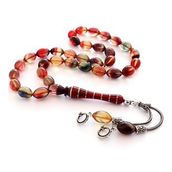 Tesbihane 925 Ayar Gümüş Püsküllü Arpa Kesim Hareli Sıkma Kehribar Tesbih